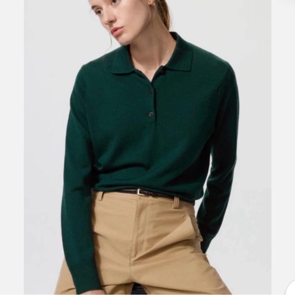 Uniqlo Merino Wool Dark Green Long-Sleeve Polo Sweater - Women's size XS